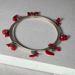 Vintage Red coral silver tone metal bangles. SMALL